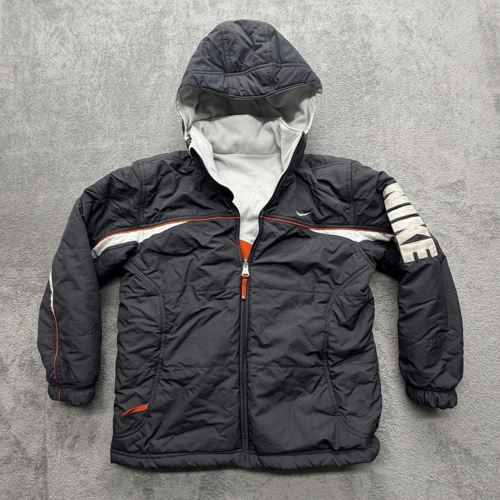 Nike Jacket Youth 10-12 Gray Orange Reversible Hooded Fleece Lined Puffer